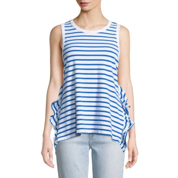 Current/Elliott The Side Slit Ruffle Tank Top Bright Blue  / White ( 1 ) - Picture 2 of 3